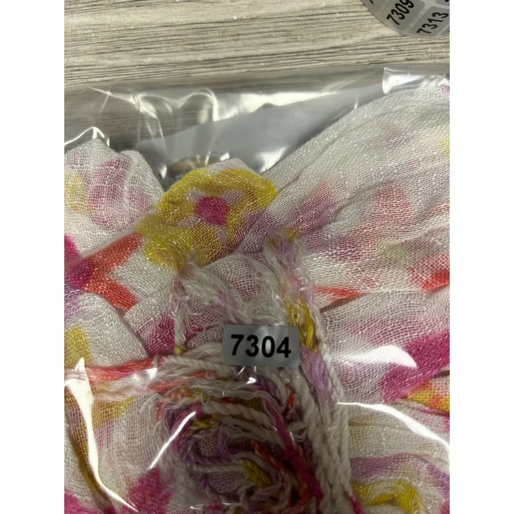 Cottagecore Airy Women OS White‎ Pink Floral Gauze Fringe Scarf Wrap